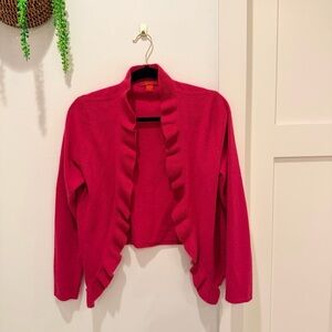 Saffron 100% Cashmere Luxury Women's Magenta Ruffle Long Sleeve Cardigan Size M